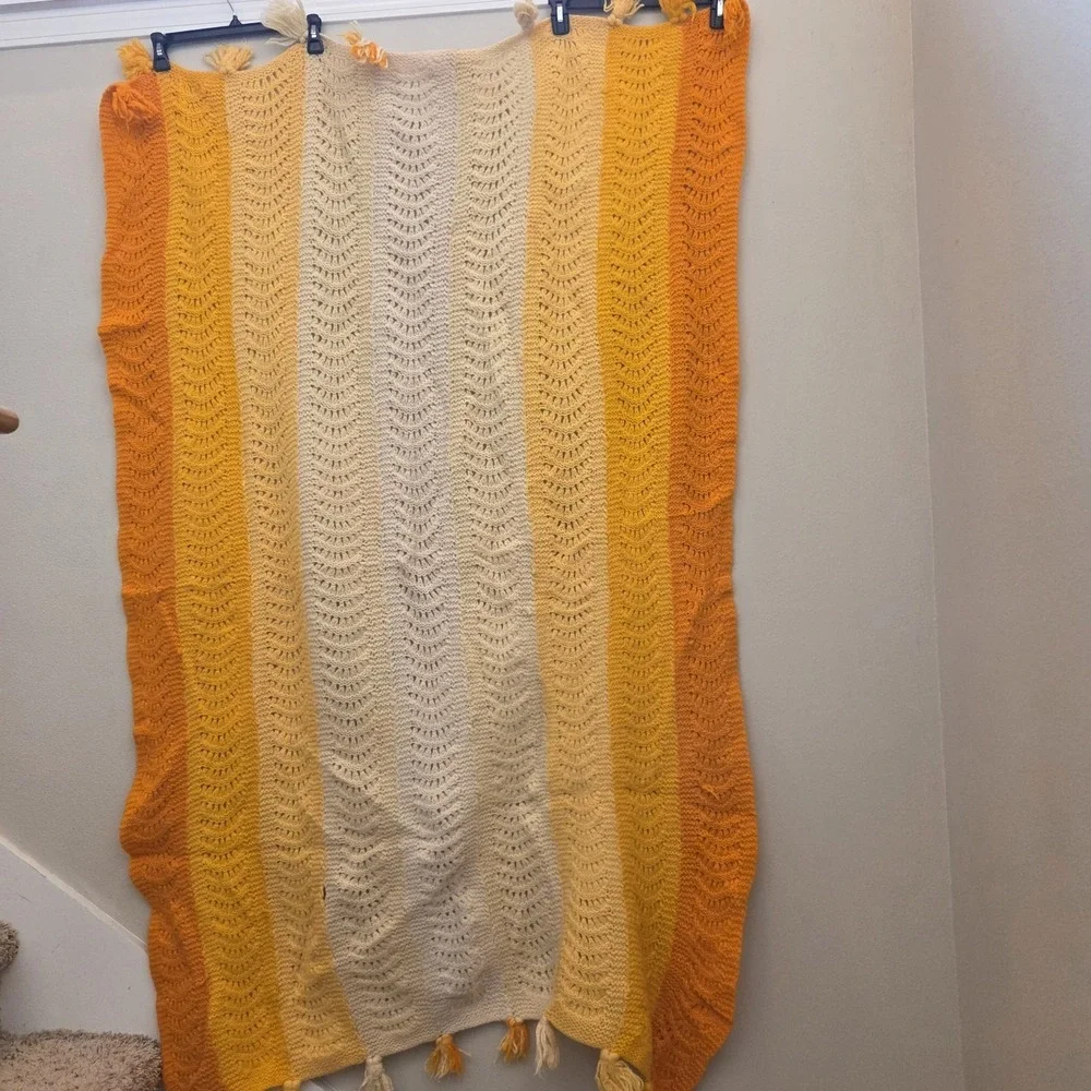 VTG Retro Crochet Afghan Throw Blanket Handmade Orange Yellow Boho cozy cottage